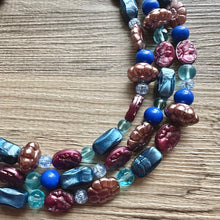 Load image into Gallery viewer, Eggplant Purple Cameo Chunky Statement Necklace 3 Strand Beaded jewelry bridesmaid bib wedding, dark purple crystal royal blue RoseGold