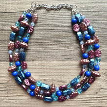 Load image into Gallery viewer, Eggplant Purple Cameo Chunky Statement Necklace 3 Strand Beaded jewelry bridesmaid bib wedding, dark purple crystal royal blue RoseGold