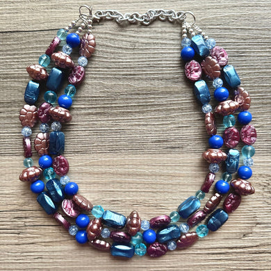 Eggplant Purple Cameo Chunky Statement Necklace 3 Strand Beaded jewelry bridesmaid bib wedding, dark purple crystal royal blue RoseGold