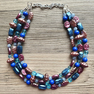 Eggplant Purple Cameo Chunky Statement Necklace 3 Strand Beaded jewelry bridesmaid bib wedding, dark purple crystal royal blue RoseGold
