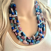 Load image into Gallery viewer, Eggplant Purple Cameo Chunky Statement Necklace 3 Strand Beaded jewelry bridesmaid bib wedding, dark purple crystal royal blue RoseGold