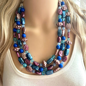 Eggplant Purple Cameo Chunky Statement Necklace 3 Strand Beaded jewelry bridesmaid bib wedding, dark purple crystal royal blue RoseGold