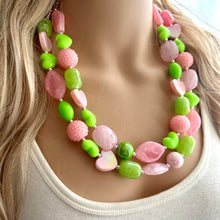Load image into Gallery viewer, Pink &amp; Green Heart Necklace, multi strand colorful jewelry, chunky statement necklace, Saint Valentines Day February lime green