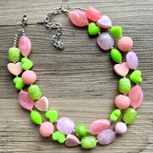 Load image into Gallery viewer, Pink &amp; Green Heart Necklace, multi strand colorful jewelry, chunky statement necklace, Saint Valentines Day February lime green