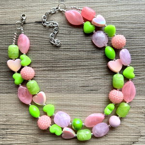 Pink & Green Heart Necklace, multi strand colorful jewelry, chunky statement necklace, Saint Valentines Day February lime green