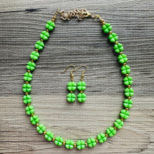 Load image into Gallery viewer, Saint Patricks Green Chunky Statement Necklace &amp; Stretch Bracelet set 1 Strand Beaded Kelly green jewelry bridesmaid earrings gold st pattys