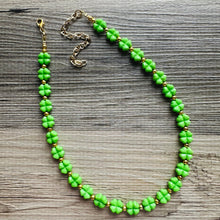 Load image into Gallery viewer, Saint Patricks Green Chunky Statement Necklace &amp; Stretch Bracelet set 1 Strand Beaded Kelly green jewelry bridesmaid earrings gold st pattys