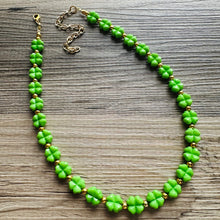 Load image into Gallery viewer, Saint Patricks Green Chunky Statement Necklace &amp; Stretch Bracelet set 1 Strand Beaded Kelly green jewelry bridesmaid earrings gold st pattys