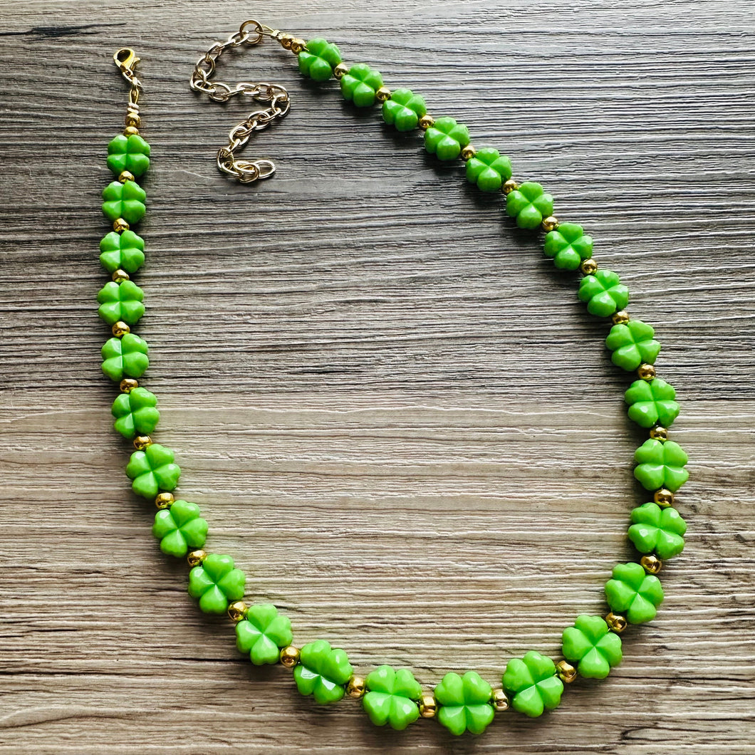 Saint Patricks Green Chunky Statement Necklace & Stretch Bracelet set 1 Strand Beaded Kelly green jewelry bridesmaid earrings gold st pattys