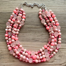 Load image into Gallery viewer, 5 Strand Pink Chunky Statement Necklace + earrings, blush pink beaded necklace, colorful jewelry light pink cream beaded earrings pearl