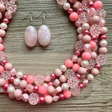 Load image into Gallery viewer, 5 Strand Pink Chunky Statement Necklace + earrings, blush pink beaded necklace, colorful jewelry light pink cream beaded earrings pearl