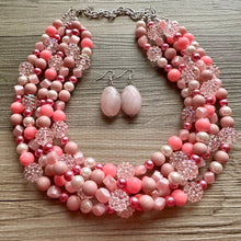 Load image into Gallery viewer, 5 Strand Pink Chunky Statement Necklace + earrings, blush pink beaded necklace, colorful jewelry light pink cream beaded earrings pearl