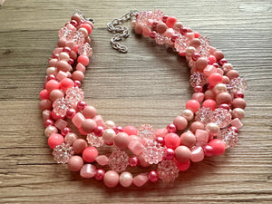 5 Strand Pink Chunky Statement Necklace + earrings, blush pink beaded necklace, colorful jewelry light pink cream beaded earrings pearl