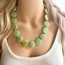 Load image into Gallery viewer, Flower Moon Chunky Statement Necklace, Big beaded jewelry, Single Strand green color changing light green, gold chunky layering necklace