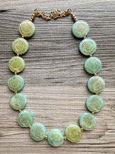 Load image into Gallery viewer, Flower Moon Chunky Statement Necklace, Big beaded jewelry, Single Strand green color changing light green, gold chunky layering necklace