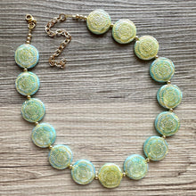 Load image into Gallery viewer, Flower Moon Chunky Statement Necklace, Big beaded jewelry, Single Strand green color changing light green, gold chunky layering necklace