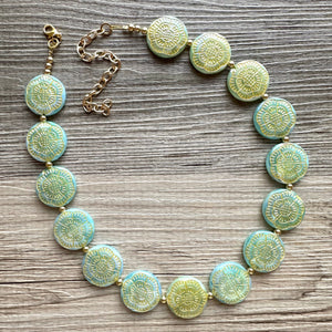 Flower Moon Chunky Statement Necklace, Big beaded jewelry, Single Strand green color changing light green, gold chunky layering necklace