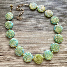 Load image into Gallery viewer, Flower Moon Chunky Statement Necklace, Big beaded jewelry, Single Strand green color changing light green, gold chunky layering necklace