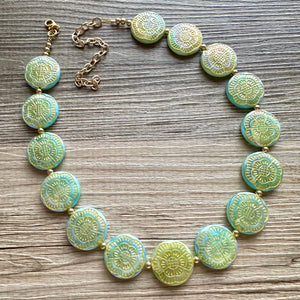 Flower Moon Chunky Statement Necklace, Big beaded jewelry, Single Strand green color changing light green, gold chunky layering necklace