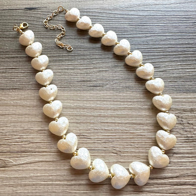 Paper Mache Heart Statement Necklace, Chunky single Strand Jewelry, Valentines Day jewelry, chunky cream bib beaded colorful off white gold