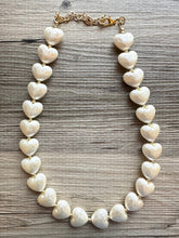 Load image into Gallery viewer, Paper Mache Heart Statement Necklace, Chunky single Strand Jewelry, Valentines Day jewelry, chunky cream bib beaded colorful off white gold