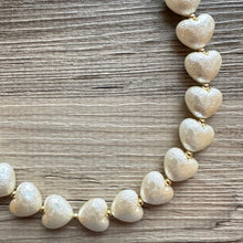 Load image into Gallery viewer, Paper Mache Heart Statement Necklace, Chunky single Strand Jewelry, Valentines Day jewelry, chunky cream bib beaded colorful off white gold