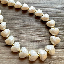 Load image into Gallery viewer, Paper Mache Heart Statement Necklace, Chunky single Strand Jewelry, Valentines Day jewelry, chunky cream bib beaded colorful off white gold
