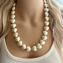 Load image into Gallery viewer, Paper Mache Heart Statement Necklace, Chunky single Strand Jewelry, Valentines Day jewelry, chunky cream bib beaded colorful off white gold