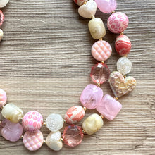 Load image into Gallery viewer, Rustic Heart Necklace, multi strand colorful jewelry, chunky statement necklace, cream red pink Saint Valentines Day February blush baby