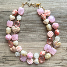 Load image into Gallery viewer, Rustic Heart Necklace, multi strand colorful jewelry, chunky statement necklace, cream red pink Saint Valentines Day February blush baby