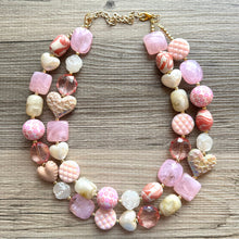 Load image into Gallery viewer, Rustic Heart Necklace, multi strand colorful jewelry, chunky statement necklace, cream red pink Saint Valentines Day February blush baby