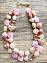 Load image into Gallery viewer, Rustic Heart Necklace, multi strand colorful jewelry, chunky statement necklace, cream red pink Saint Valentines Day February blush baby