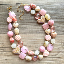 Load image into Gallery viewer, Rustic Heart Necklace, multi strand colorful jewelry, chunky statement necklace, cream red pink Saint Valentines Day February blush baby