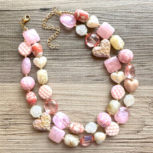 Load image into Gallery viewer, Rustic Heart Necklace, multi strand colorful jewelry, chunky statement necklace, cream red pink Saint Valentines Day February blush baby