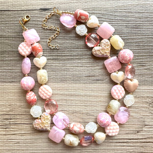 Rustic Heart Necklace, multi strand colorful jewelry, chunky statement necklace, cream red pink Saint Valentines Day February blush baby