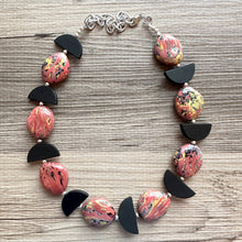 Load image into Gallery viewer, Swirl Coral &amp; Black Chunky Statement Necklace, Pink and black beaded jewelry, single Strand Bib Necklace, Beaded necklace, wood necklace