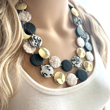 Load image into Gallery viewer, Black &amp; Gold Necklace, Double strand gold jewelry, big beaded chunky statement necklace, black earrings gold mirror resin white floral