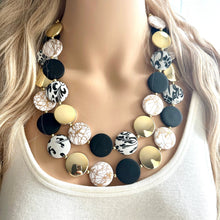 Load image into Gallery viewer, Black &amp; Gold Necklace, Double strand gold jewelry, big beaded chunky statement necklace, black earrings gold mirror resin white floral