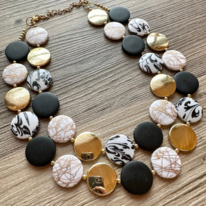 Black & Gold Necklace, Double strand gold jewelry, big beaded chunky statement necklace, black earrings gold mirror resin white floral