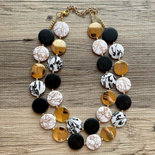 Load image into Gallery viewer, Black &amp; Gold Necklace, Double strand gold jewelry, big beaded chunky statement necklace, black earrings gold mirror resin white floral
