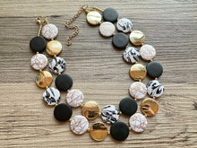 Load image into Gallery viewer, Black &amp; Gold Necklace, Double strand gold jewelry, big beaded chunky statement necklace, black earrings gold mirror resin white floral