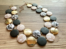 Load image into Gallery viewer, Black &amp; Gold Necklace, Double strand gold jewelry, big beaded chunky statement necklace, black earrings gold mirror resin white floral
