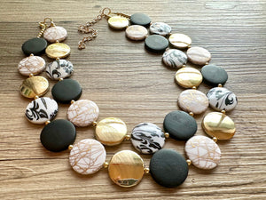 Black & Gold Necklace, Double strand gold jewelry, big beaded chunky statement necklace, black earrings gold mirror resin white floral
