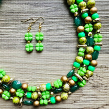 Load image into Gallery viewer, Saint Patricks Green Chunky Statement Necklace &amp; Stretch Bracelet set 3 Strand Beaded Kelly green jewelry bridesmaid earrings gold st pattys