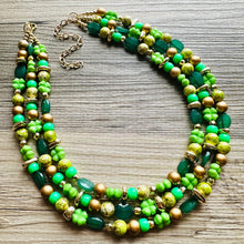 Load image into Gallery viewer, Saint Patricks Green Chunky Statement Necklace &amp; Stretch Bracelet set 3 Strand Beaded Kelly green jewelry bridesmaid earrings gold st pattys