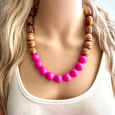 Wood Animal Print Chunky Statement Necklace, gold bib necklace, pink acetate resin bubblegum necklace, wedding bridesmaid chunky brown