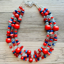 Load image into Gallery viewer, Blue &amp; Red Chunky Statement Necklace, Americana necklace, beaded necklace, Rhinestone thick statement jewelry royal bright shiny Texas