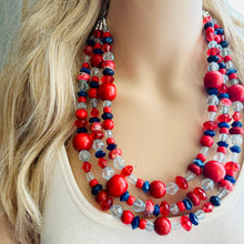 Load image into Gallery viewer, Blue &amp; Red Chunky Statement Necklace, Americana necklace, beaded necklace, Rhinestone thick statement jewelry royal bright shiny Texas