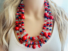 Load image into Gallery viewer, Blue &amp; Red Chunky Statement Necklace, Americana necklace, beaded necklace, Rhinestone thick statement jewelry royal bright shiny Texas