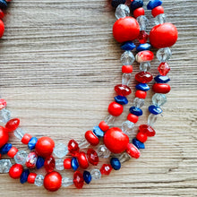 Load image into Gallery viewer, Blue &amp; Red Chunky Statement Necklace, Americana necklace, beaded necklace, Rhinestone thick statement jewelry royal bright shiny Texas